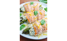 Asparagus and Lemon and Basil Ricotta Stuffed Salmon Rolls with Lemon Sauce