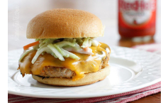 Buffalo Turkey Cheeseburger with Blue Cheese Broccoli Slaw